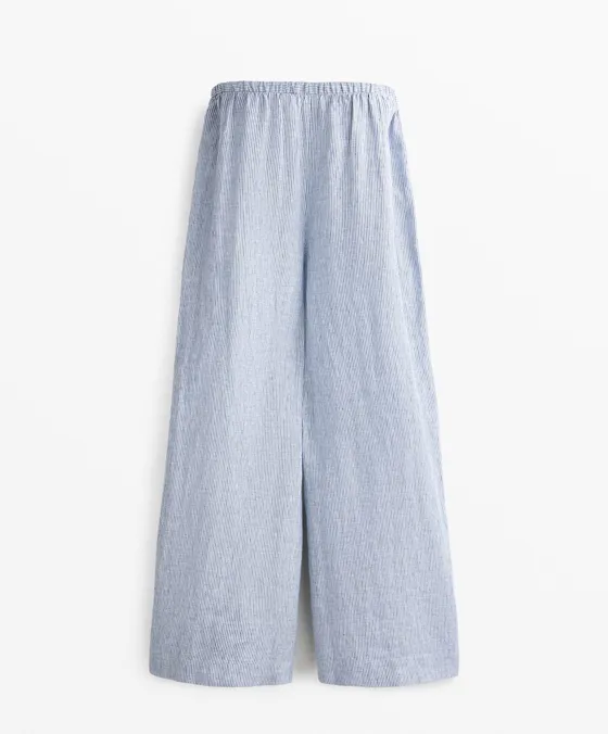 Широкие полосатые брюки прямого кроя из 100%-го льна