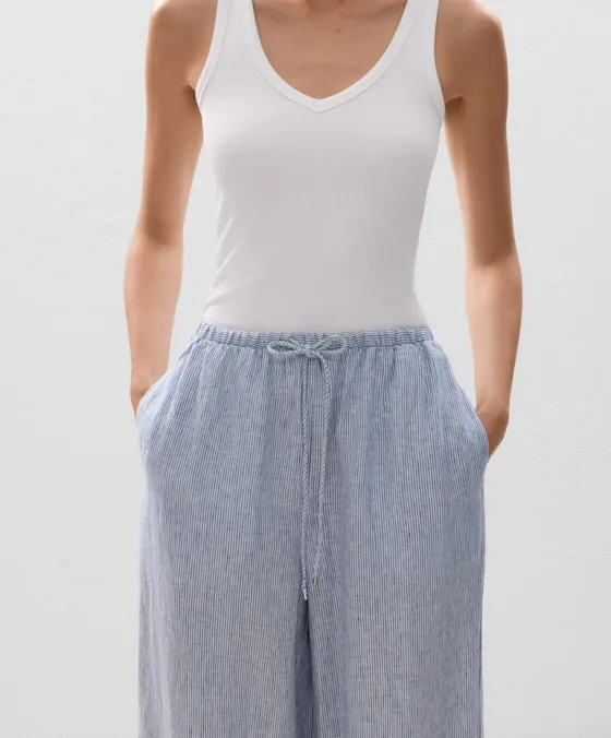 Широкие полосатые брюки прямого кроя из 100%-го льна