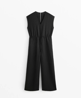 Длинный комбинезон со сборками на поясе из ткани со льном- Заказать в России