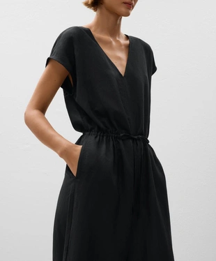 Длинный комбинезон со сборками на поясе из ткани со льном- Заказать в России