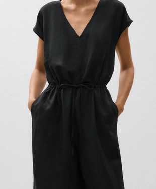 Длинный комбинезон со сборками на поясе из ткани со льном- Заказать в России