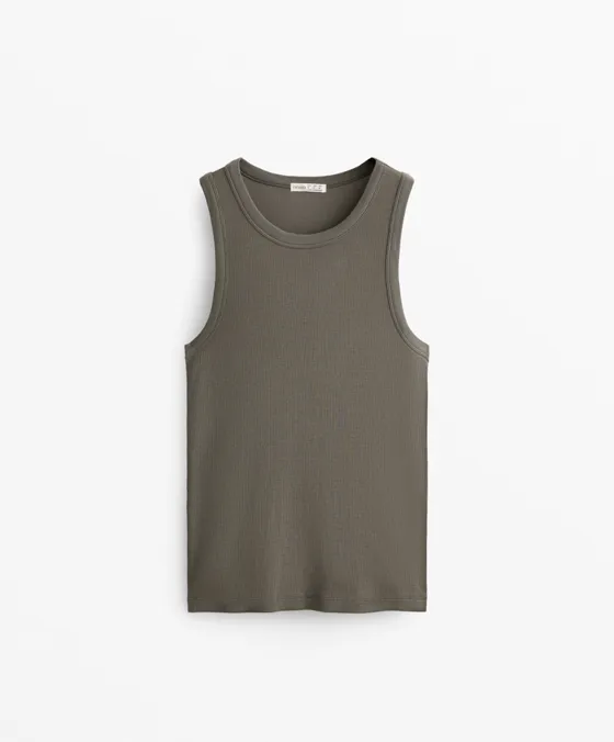 Майка с вырезом халтер из ткани с хлопком и модалом в рубчик