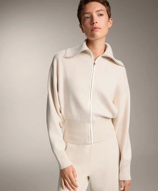 HIGH COLLAR KNIT JACKET WITH CONTRAST PIPING- Заказать в России