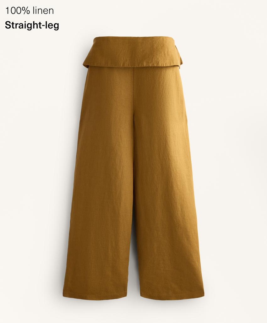 Прямые брюки из 100% льна с завышенным поясом