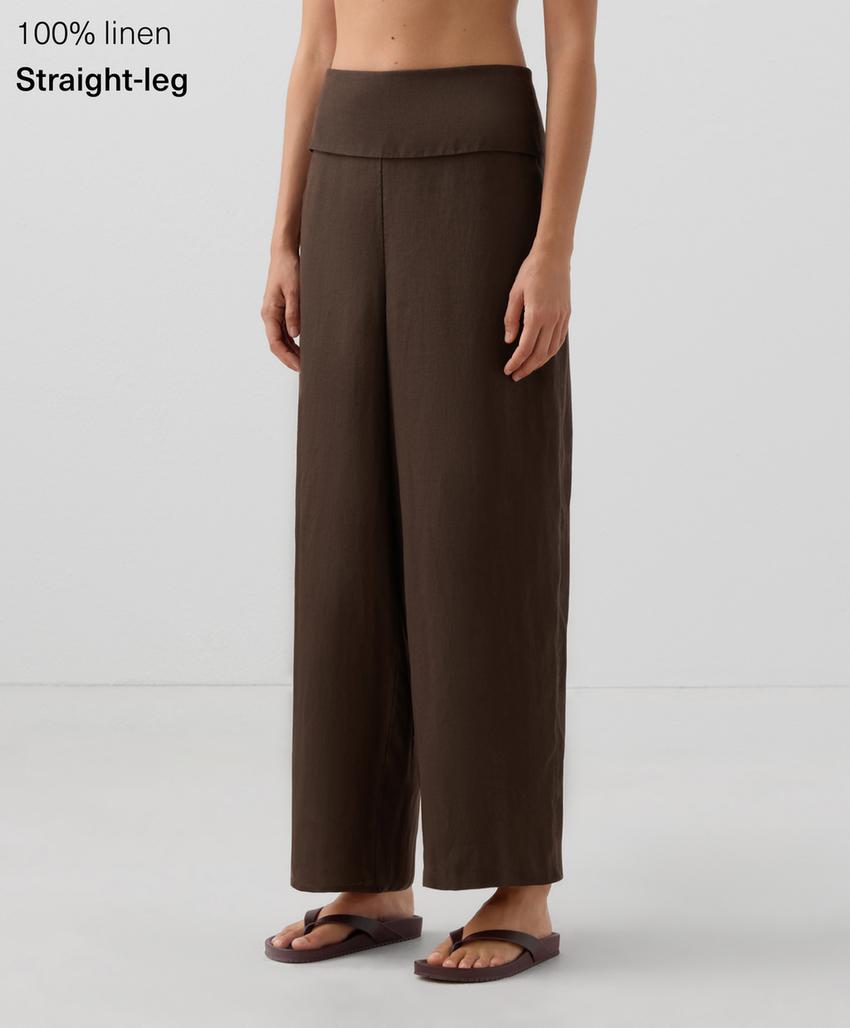 Прямые брюки из 100% льна с завышенным поясом
