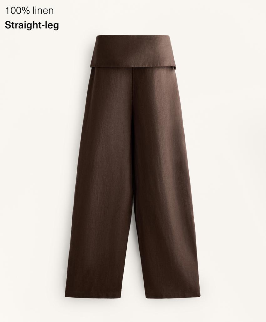 Прямые брюки из 100% льна с завышенным поясом