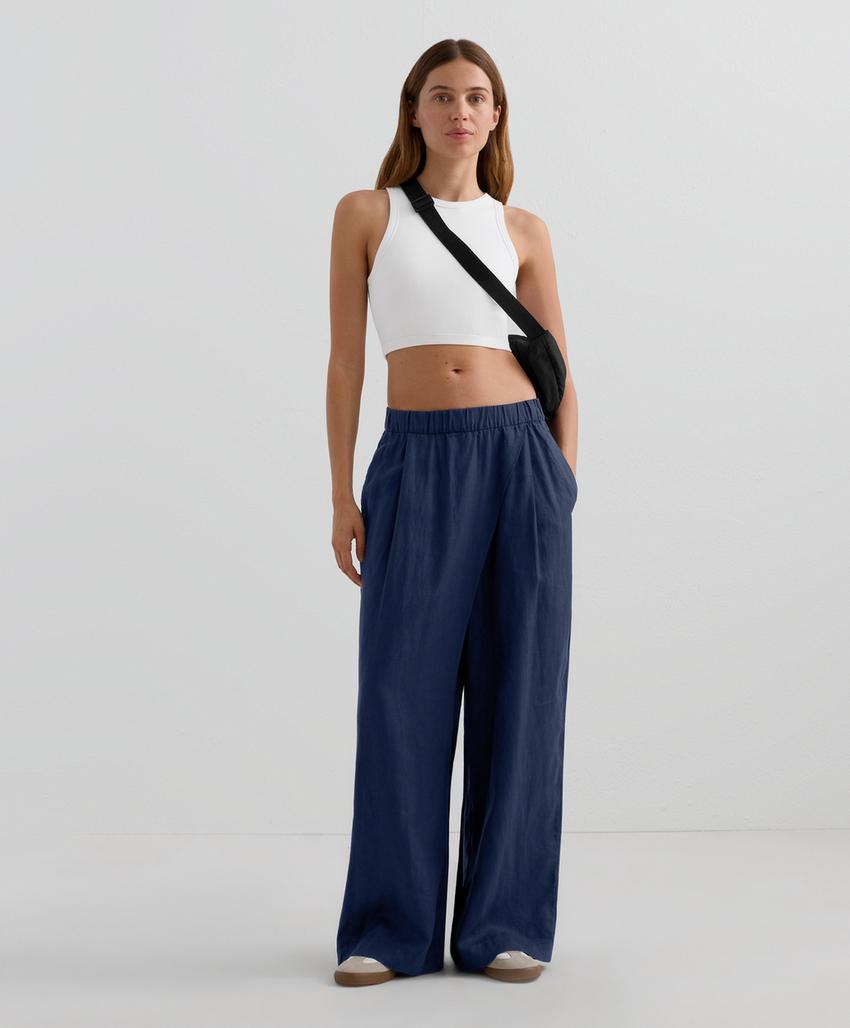 Широкие прямые брюки из 100% льна с переплетенным передом