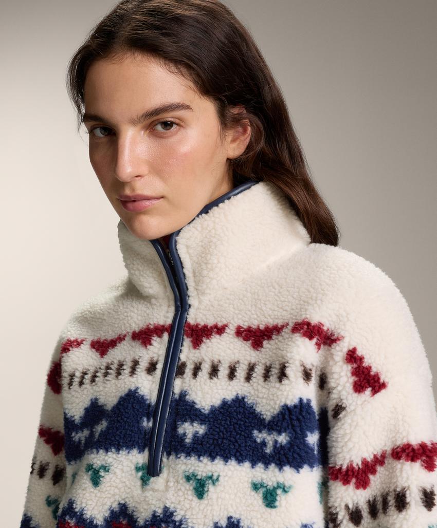 Faux-shearling sweatshirt with geometric detail