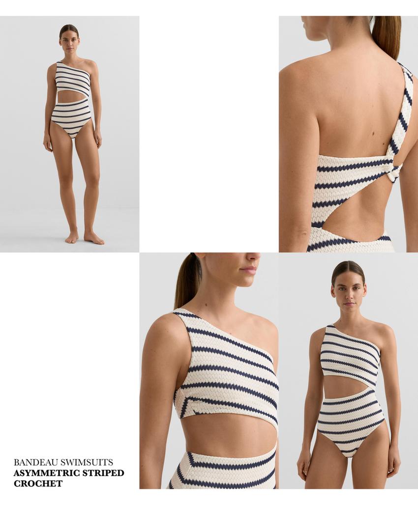 Асимметричный купальник трикини в полоску вязаный